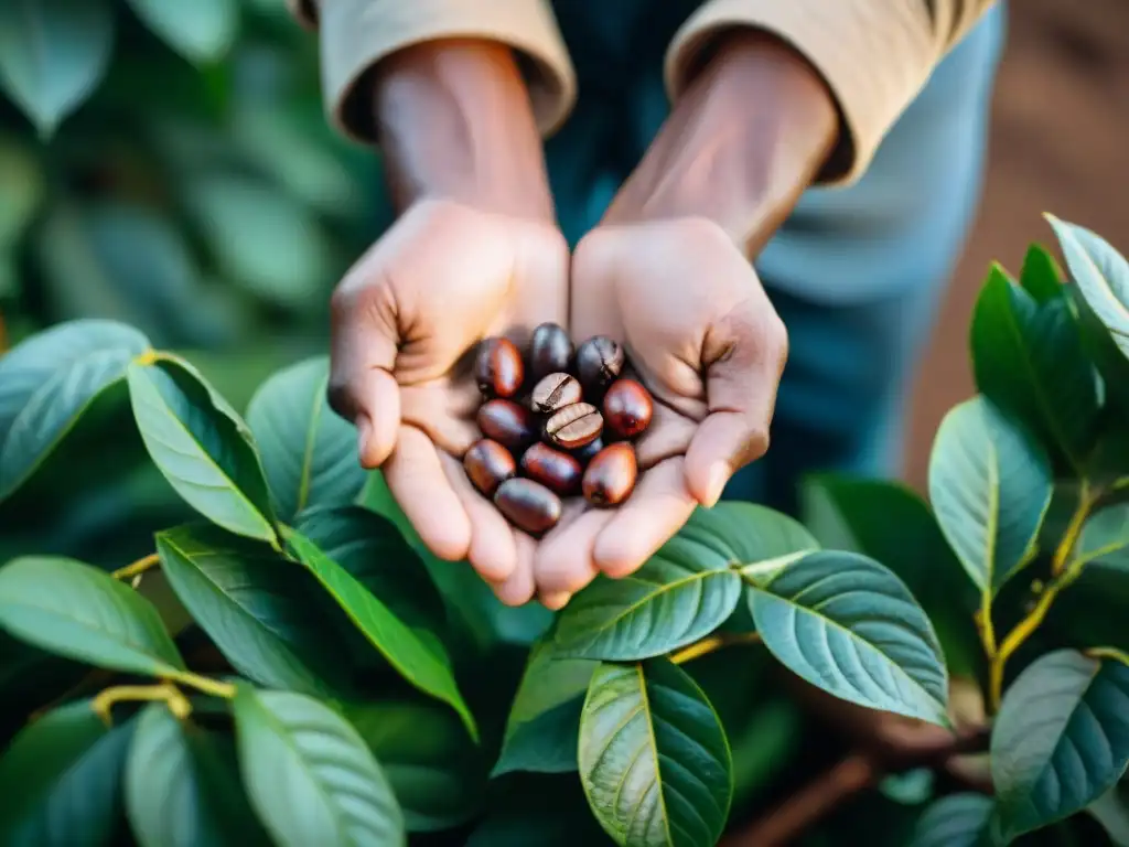 Manos curtidas de un caficultor ruandés sostienen un grano de café recién cosechado, resaltando la textura y color del grano en la plantación africana