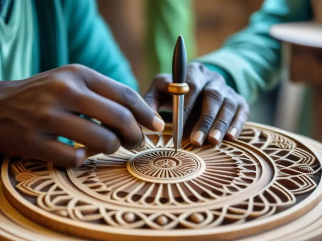 Manos expertas de un artesano africano tallando detallados patrones en una escultura de madera