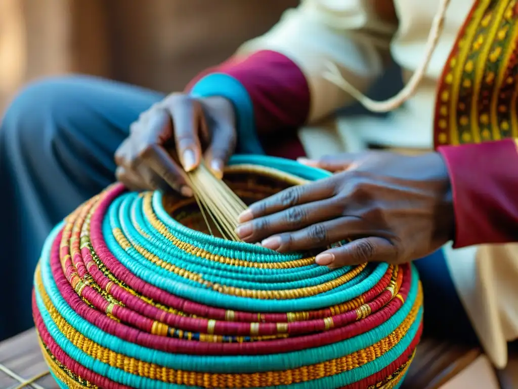 Manos expertas tejen fibras naturales en cestería africana, mostrando tradición y arte