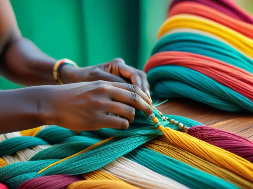 Manos expertas tejen hilos multicolores en un patrón textil africano auténtico, resaltando la colección de arte africano