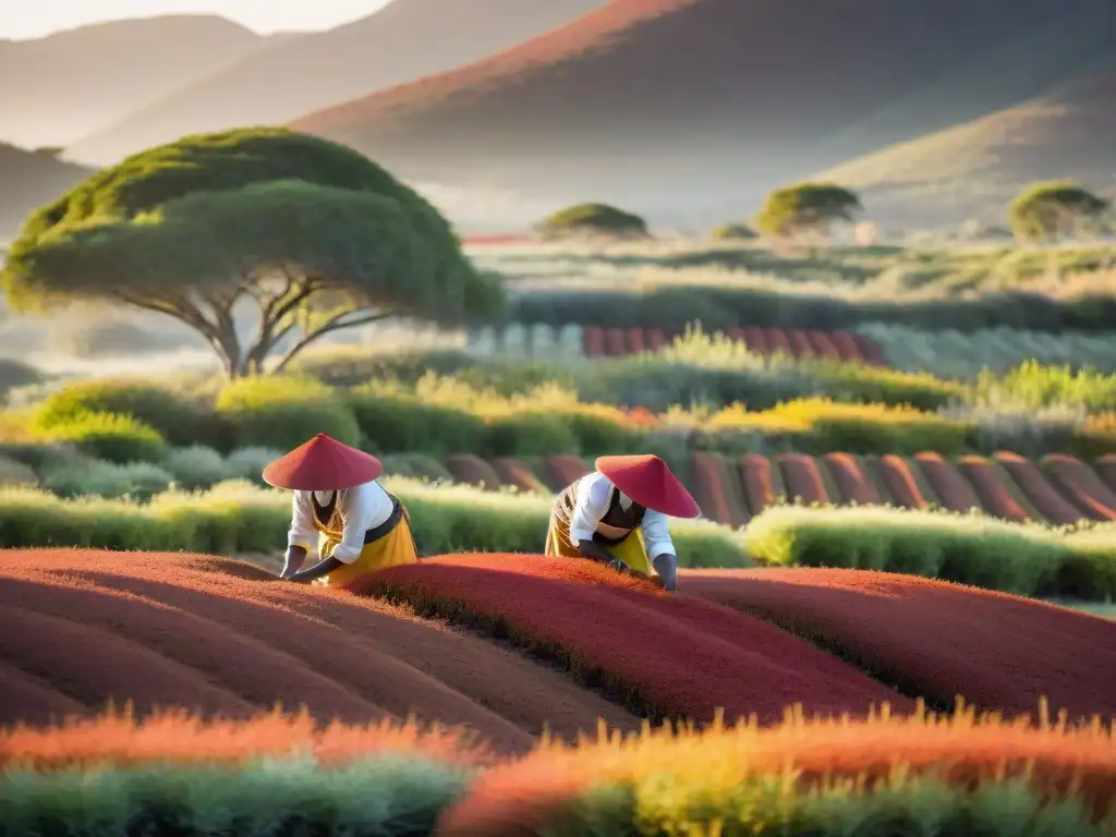 Manos expertas cosechan hojas rojas de rooibos al amanecer en una plantación sudafricana