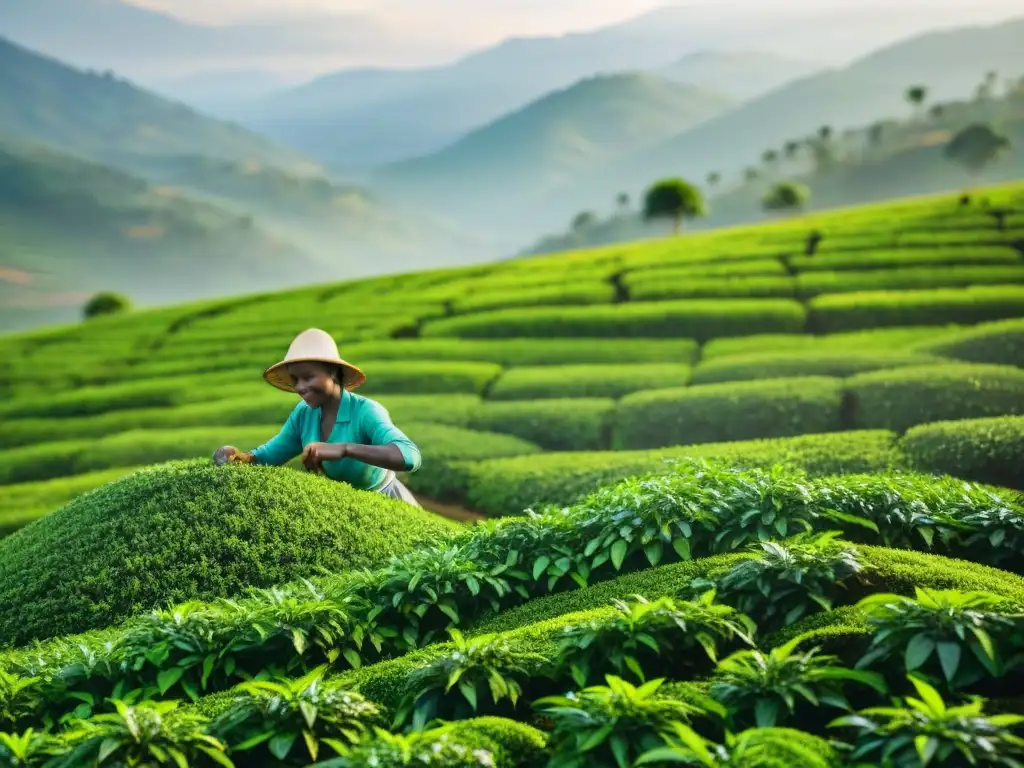 Manos expertas recolectando hojas de té de Ruanda y Burundi en plantaciones exuberantes