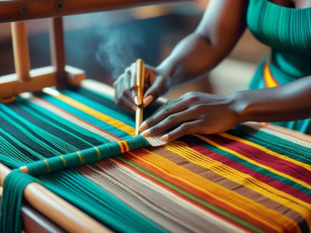 Manos expertas tejen tela kente en telar de madera, resaltando la artesanía de textiles tradicionales africanos en moda