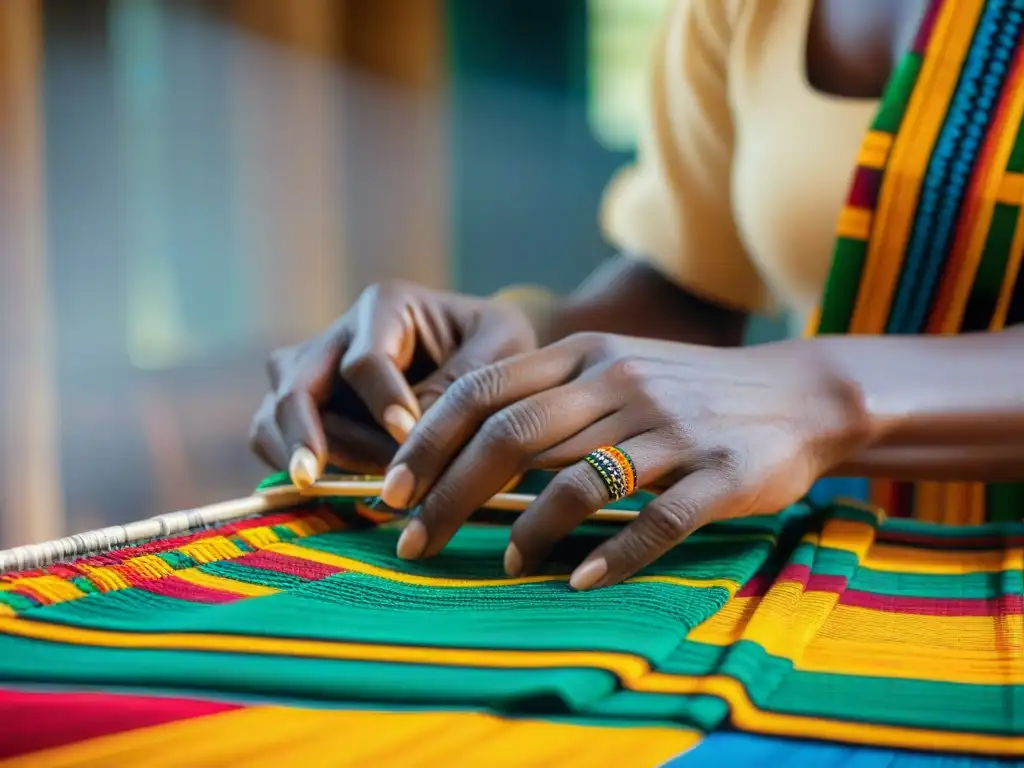 Manos expertas tejiendo Kente en telar tradicional, destacando la artesanía y colores vibrantes de la moda africana