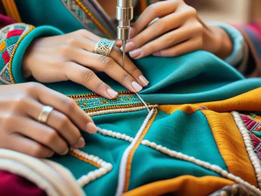 Manos expertas bordando un patrón bereber en tela tradicional, reflejando origen bordado bereber moda