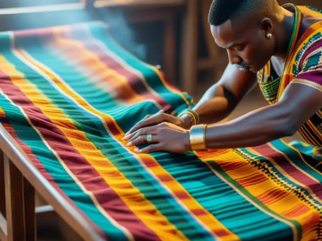 Manos expertas tejiendo tela kente, reflejando la rica herencia cultural y artesanía africana