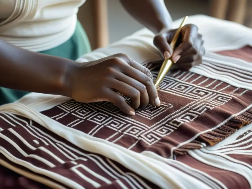 Manos expertas aplicando tinte de mudcloth en tela: historia, diseño e influencia en la moda contemporánea