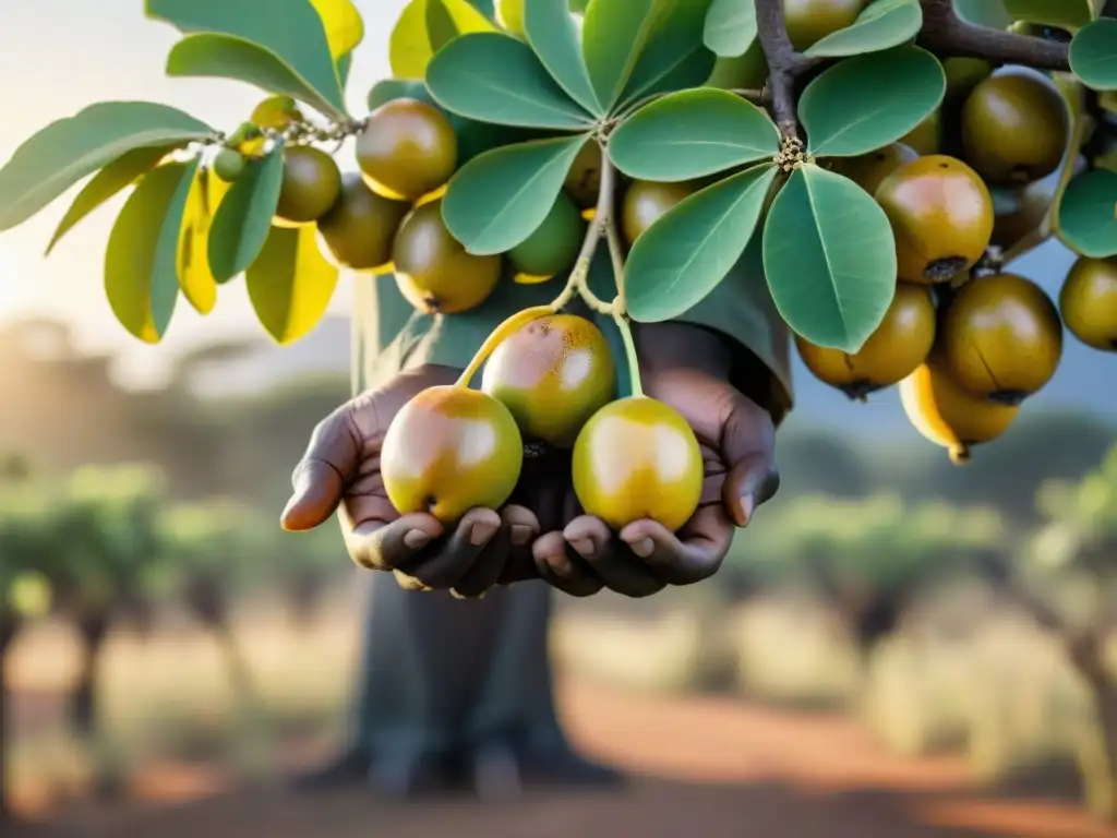 Manos cosechando frutas marula en la sabana africana al atardecer