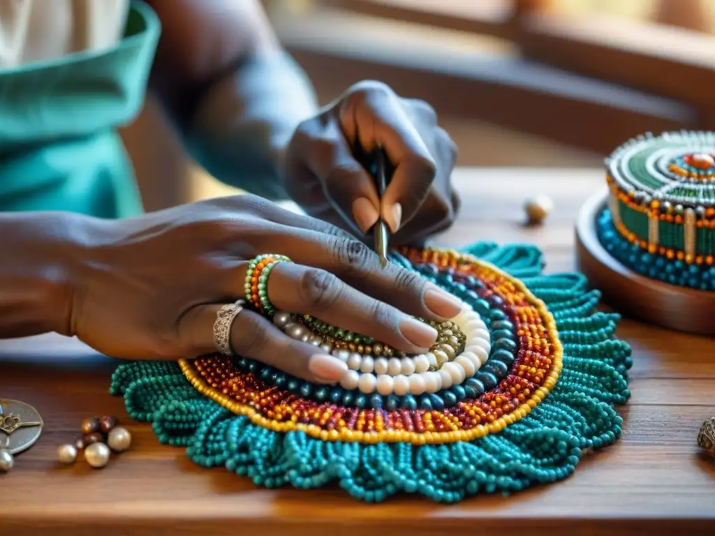 Las manos de un hábil artesano africano creando joyería africana con historia narrativa