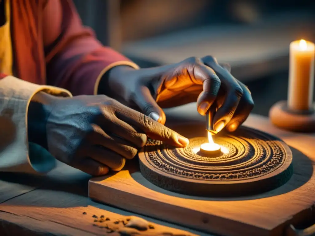 Las manos de un hábil artesano crean un instrumento alquímico africano en un taller iluminado por velas