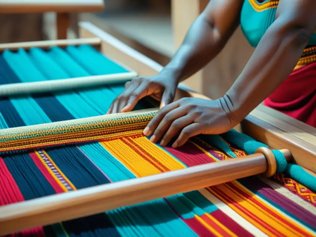 Manos hábiles tejen patrones africanos vibrantes en telar tradicional de madera