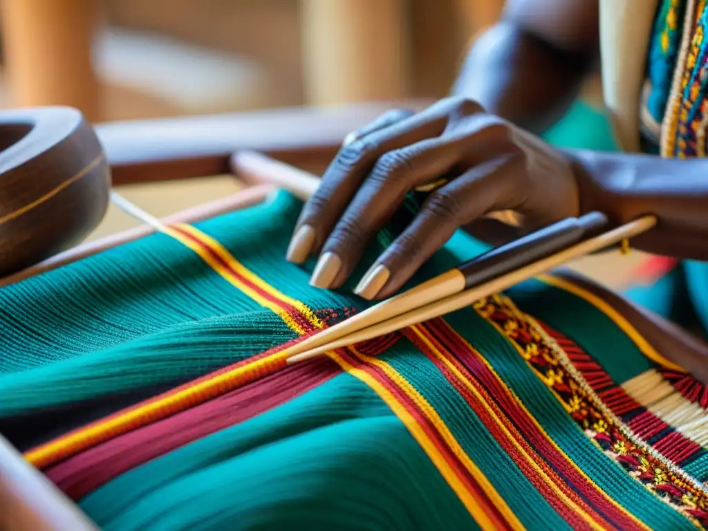 Manos hábiles tejiendo tela Kuba, simbolizando estatus y herencia en la antigua África Central