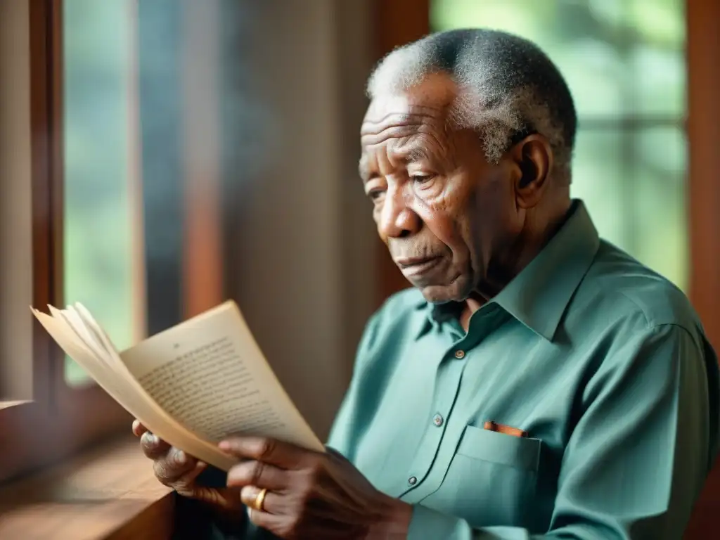 Manos de Chinua Achebe sosteniendo manuscrito, luz natural resalta textura del papel