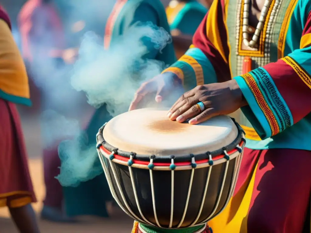 Manos en movimiento tocando un djembe en ritual africano, celebración llena de color y energía con influencia de la música africana