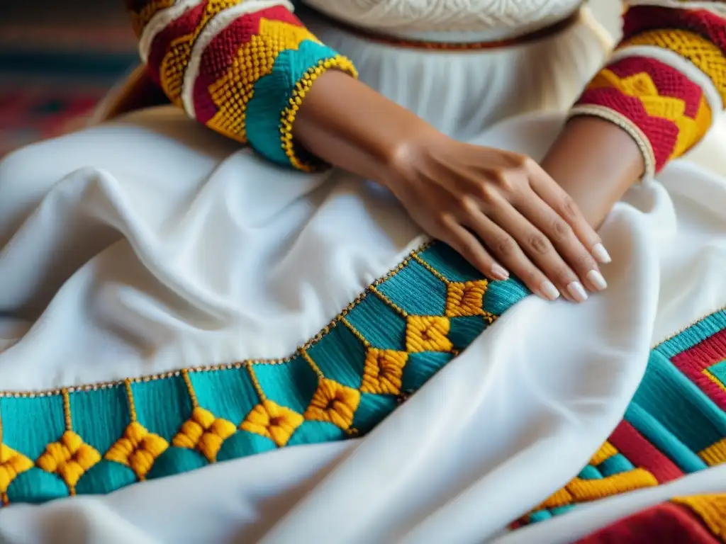 Manos de mujer bereber bordando patrones coloridos en tela blanca, reflejando el origen del bordado bereber en la moda occidental