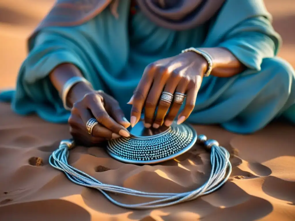 Manos de mujer Tuareg creando joyería en el Sahara, mostrando la diversidad regional y el lujo de la artesanía africana