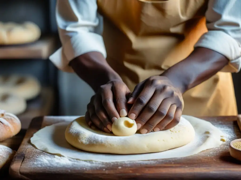 Manos de panadero moldeando masa de granos africanos en panadería rústica, reflejando arte e innovación en panificación mundial