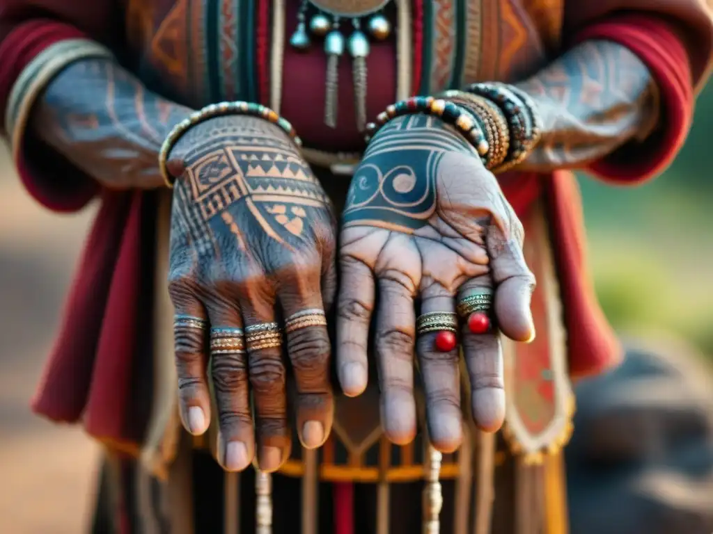 Manos sabias de anciano tribal con tatuajes y escarificaciones rituales, ricos en simbolismo cultural