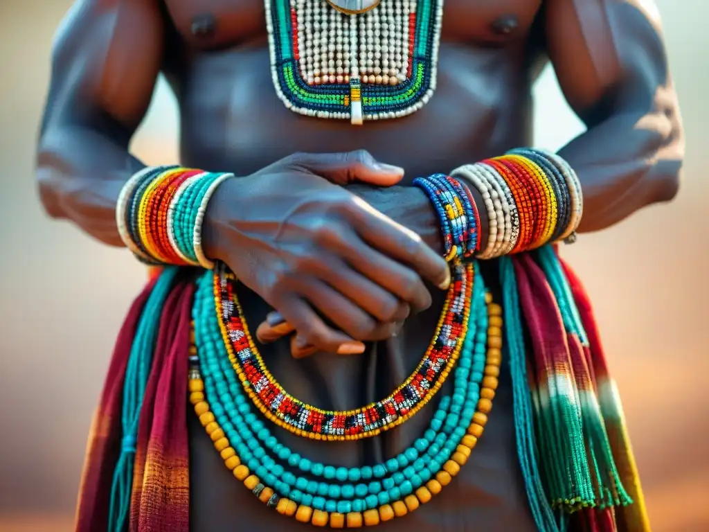 Manos sabias de anciano de tribu africana, con pulseras de colores y máscara tallada