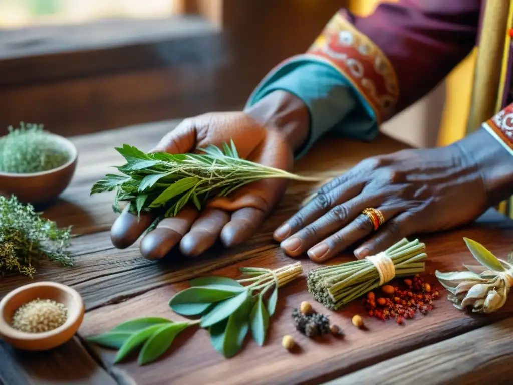 Manos sabias seleccionando hierbas en mesa de madera para medicina tradicional africana impacto global