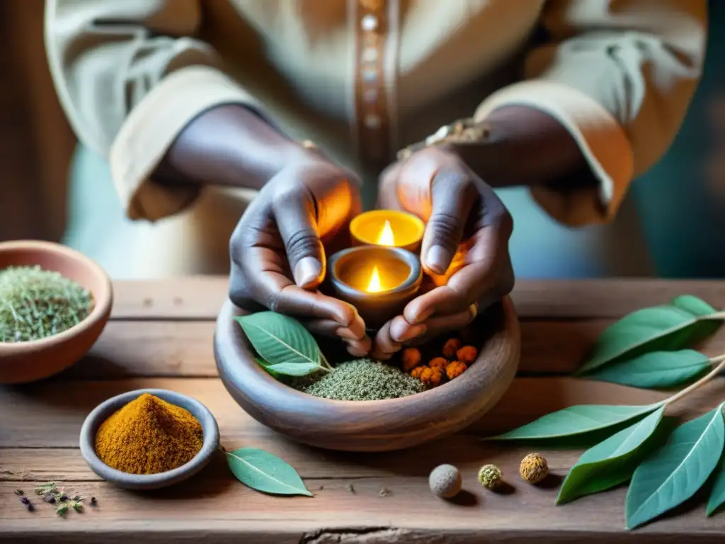 Las manos sabias de un sanador africano preparando remedios herbales en un mortero de madera, con ingredientes coloridos y texturizados