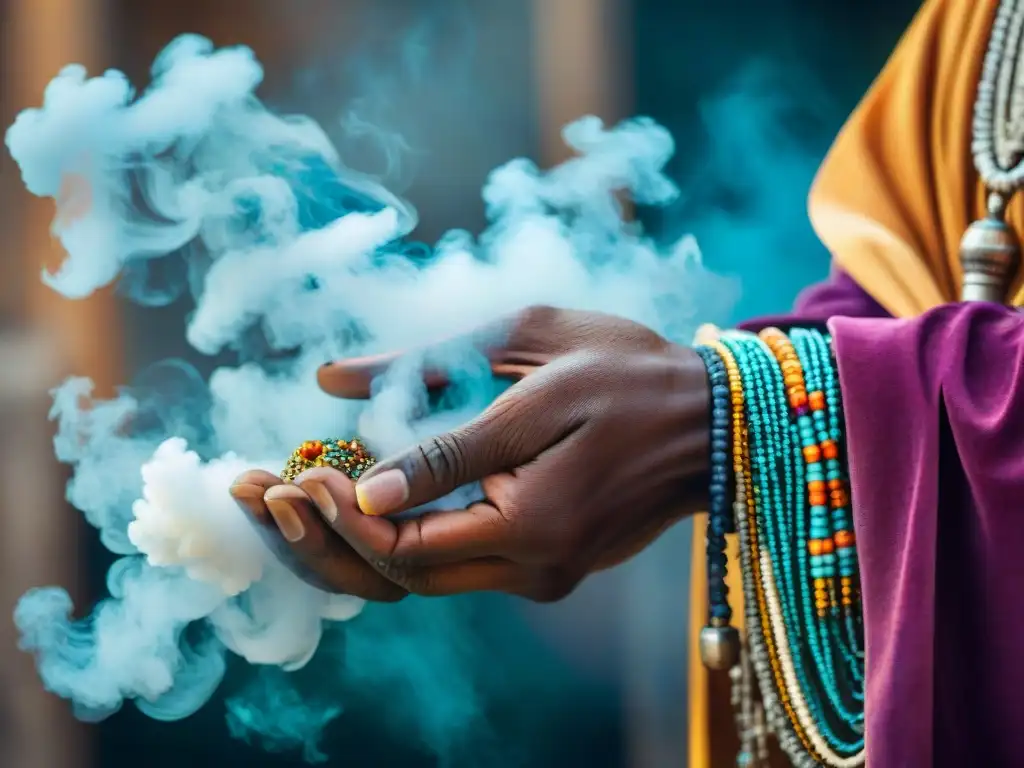 Manos de sanador africano con cuentas y patrones, realizando ritual sagrado con humo
