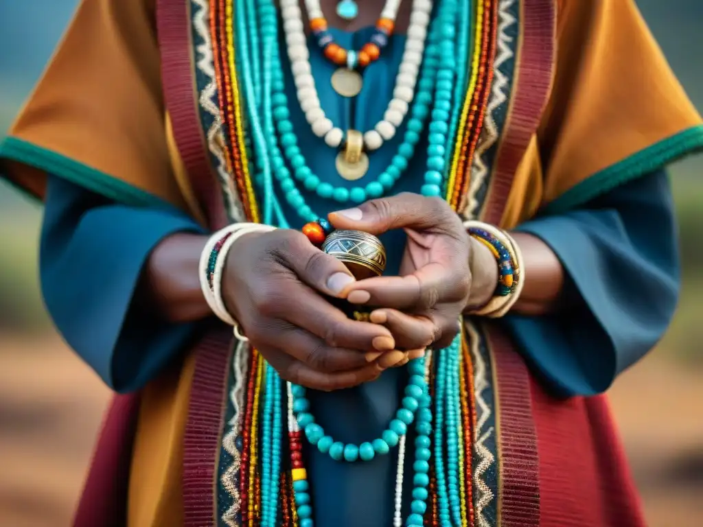 Manos de sanador africano con cuentas y patrones, sosteniendo símbolo de ceremonias curativas