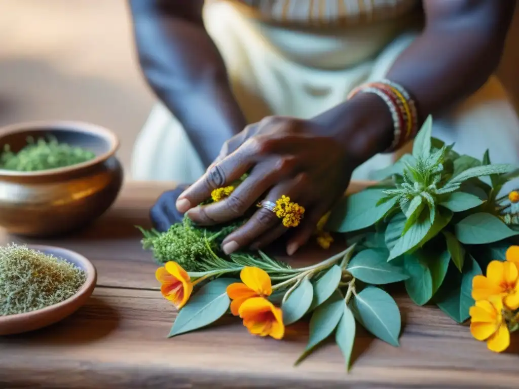 Las manos de un sanador africano seleccionando hierbas, simbolizando la conexión entre naturaleza y medicina tradicional africana y occidental