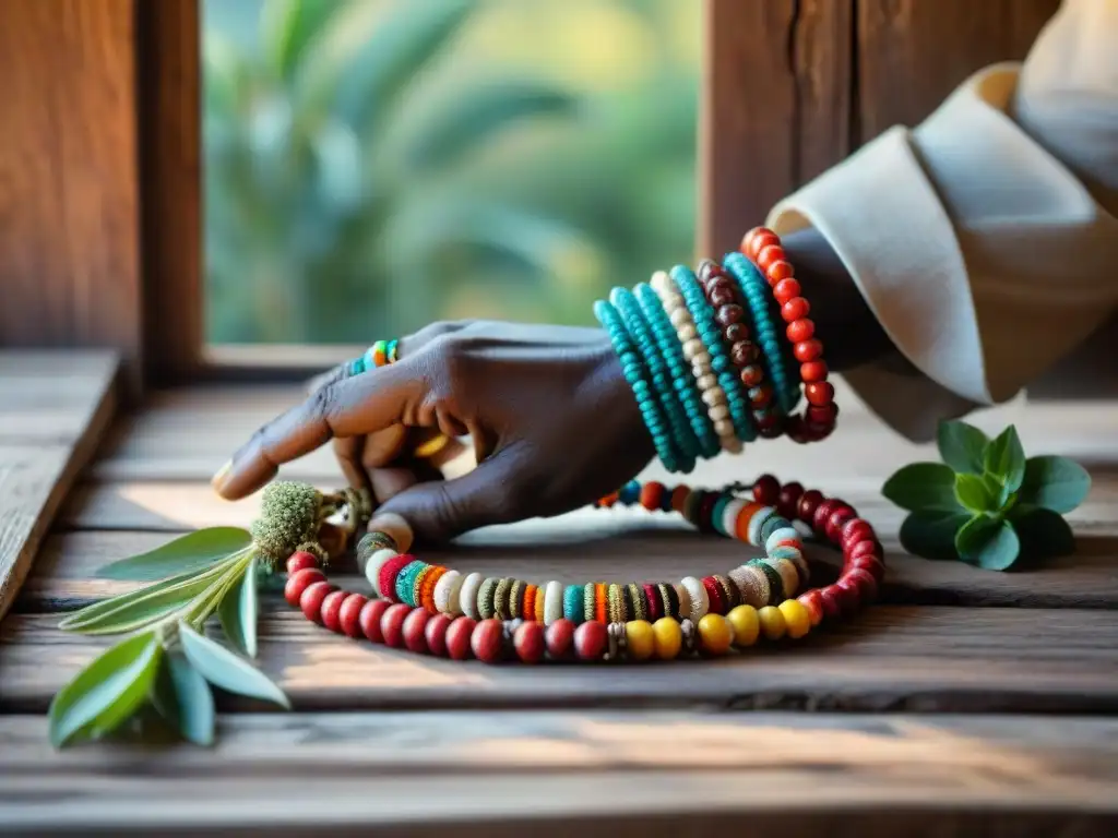 Manos del sanador africano con hierbas y raíces en mesa de madera, reflejando la sanación espiritual en África