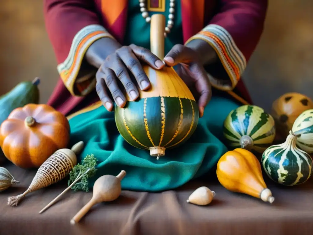 Las manos de un sanador africano sostienen instrumentos antiguos, gourds y hierbas, simbolizando la Medicina tradicional en África