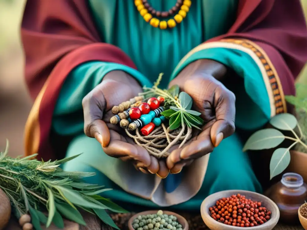 Manos de sanador tradicional africano con hierbas secas, raíces y cuentas coloridas