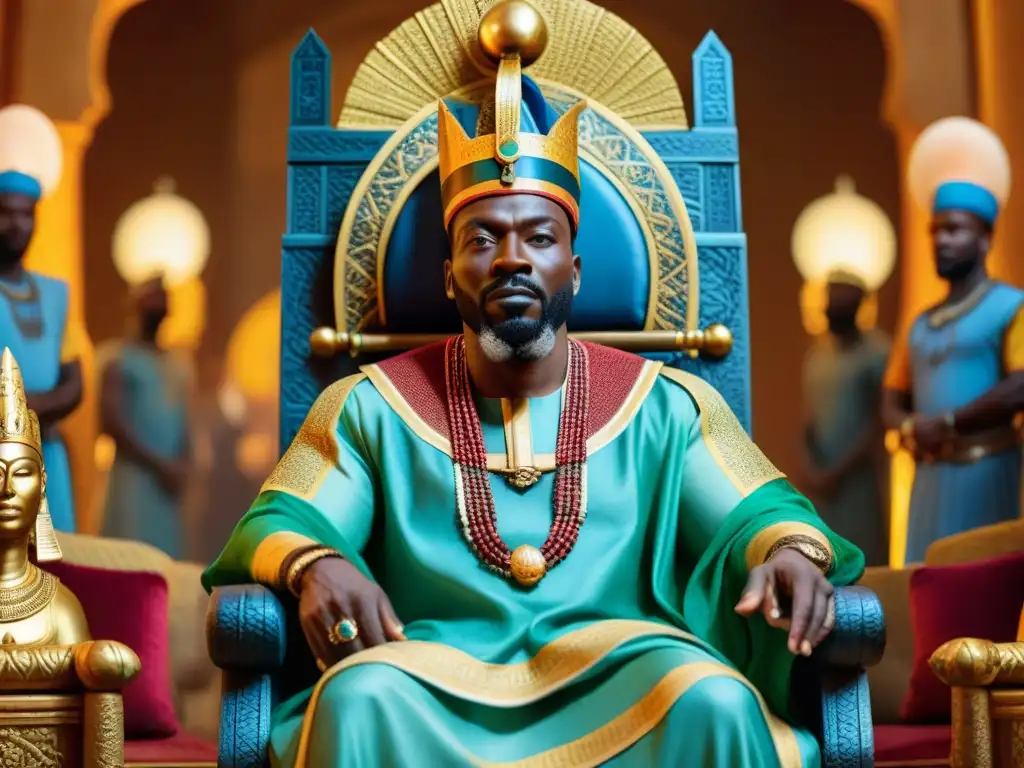 Mansa Musa, legendario líder del Imperio de Malí, escucha a sus consejeros en su trono dorado