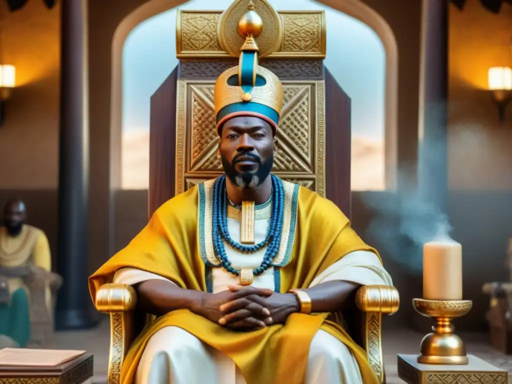 Mansa Musa en su trono dorado, liderando un consejo en un lujoso salón del Imperio Mali