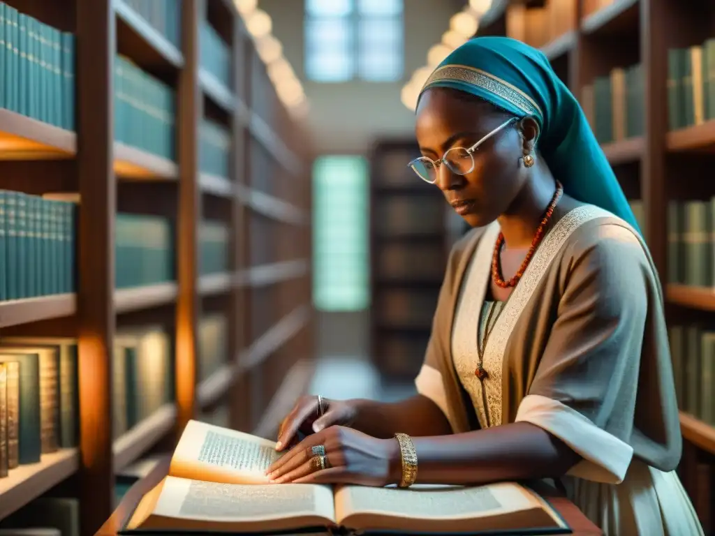 Manuscrito africano desenrollado por manos en biblioteca con la palabra clave 'Recursos online historia cultura África'