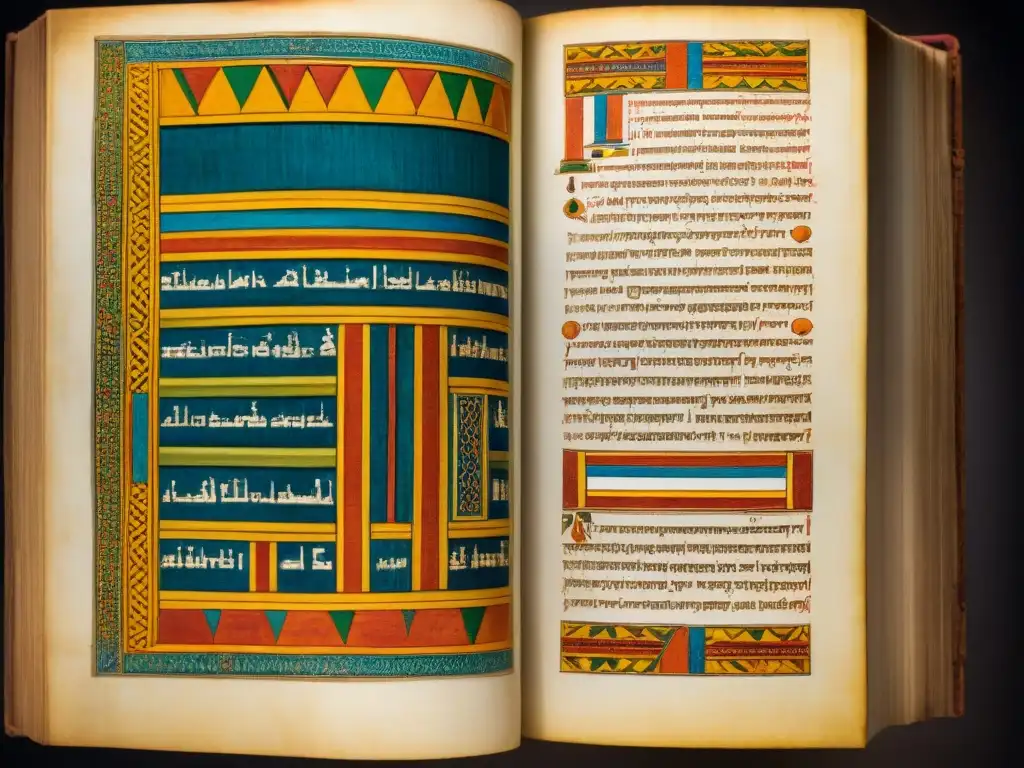 Un manuscrito antiguo de vibrantes colores y detallados diseños que revela la rica herencia de las civilizaciones africanas