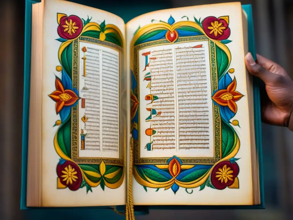 Manuscrito iluminado con escenas religiosas detalladas y colores vibrantes, destacando el origen Ge'ez lengua litúrgica en la cultura etíope