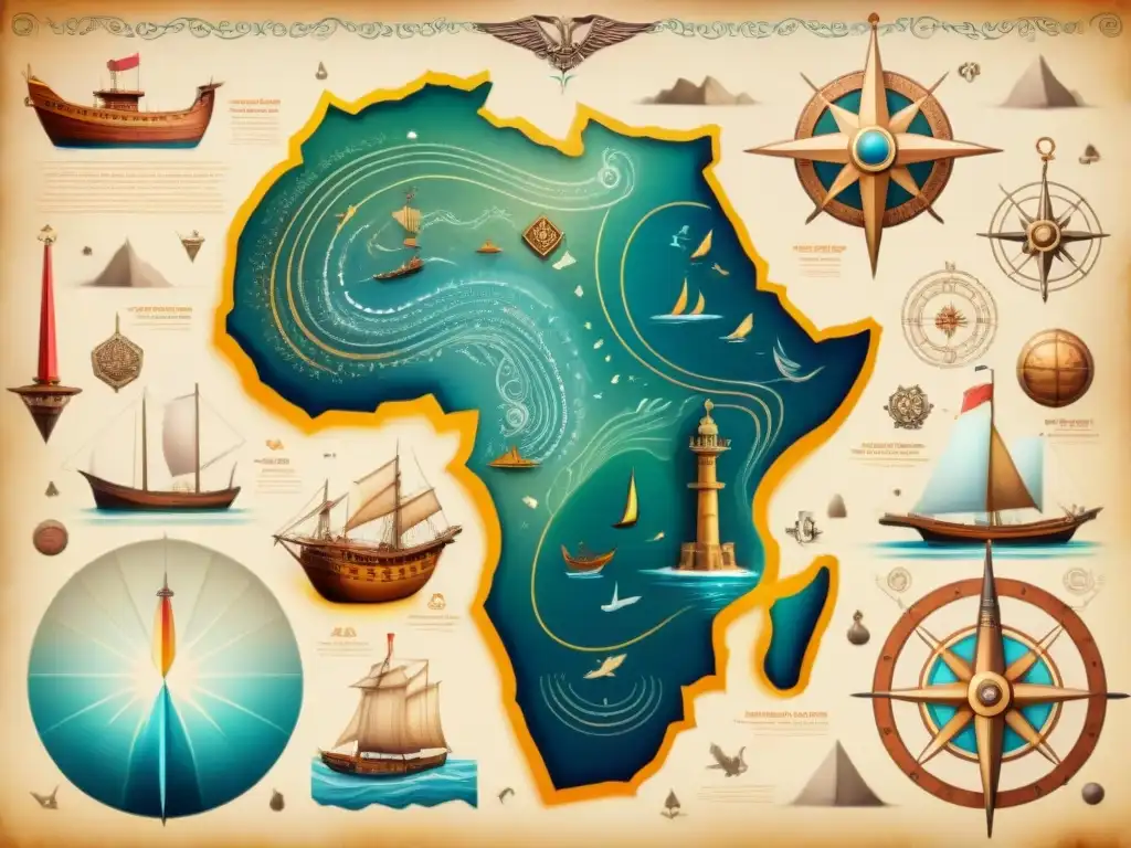 Mapa de navegación africano con simbolismo y arte detallado en pergamino envejecido