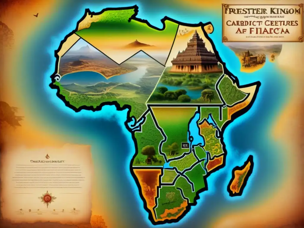 Mapa antiguo detallado del Reino de Preste Juan en África, con criaturas fantásticas y paisajes exóticos en un entorno enigmático y envejecido