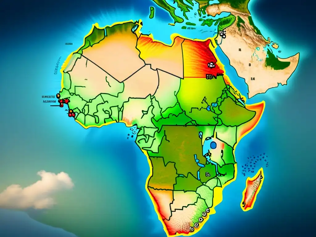 Mapa antiguo detallado en 8K de rutas comerciales antiguas en África con caravanas viajando por desiertos y oasis, envejecido y auténtico