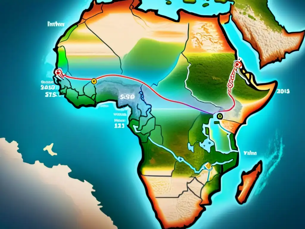 Un mapa antiguo detallado de rutas comerciales en África, con ilustraciones de camellos y caravanas, evocando historia y misterio