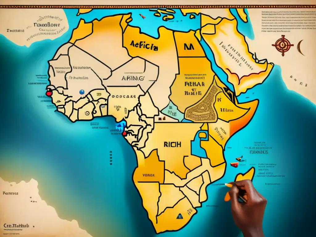 Un mapa antiguo detallado muestra rutas comercio africano con símbolos de oro, marfil y especias