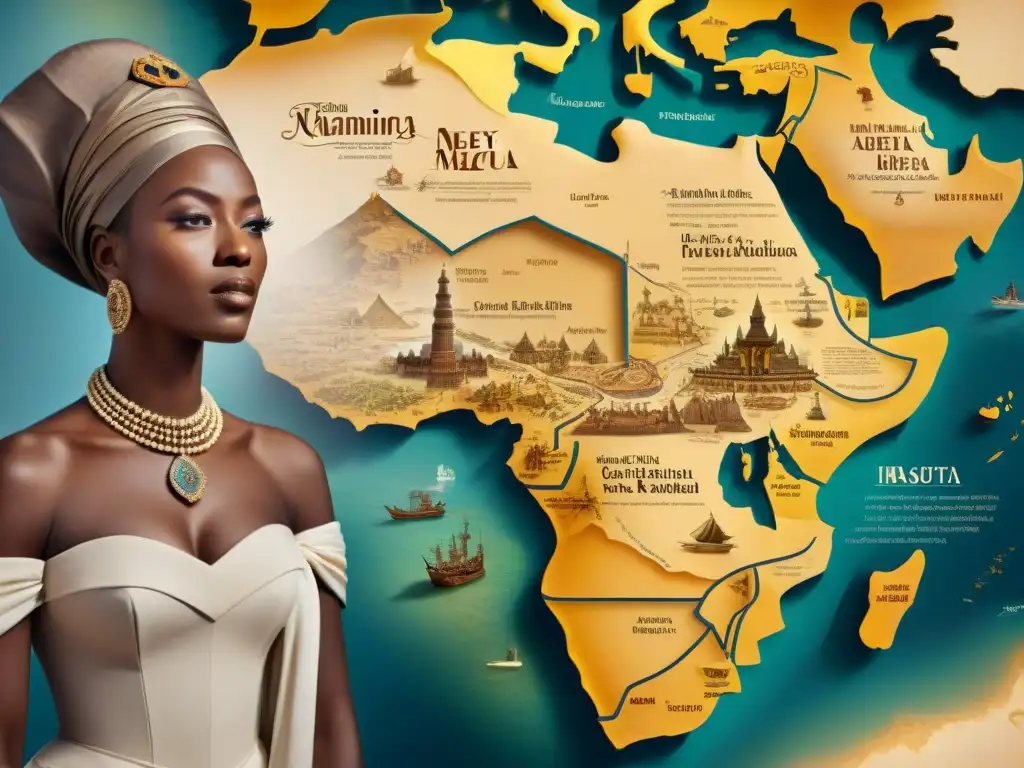 Mapa detallado de exploradores africanos y rutas comerciales Mapa detallado de exploración civilizaciones africanas influencia global en tonos terrosos con símbolos culturales y rutas comerciales