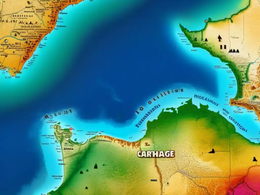 Mapa detallado de la antigua civilización africana de Cartago, resaltando su avanzada cartografía