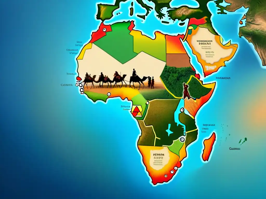 Un mapa detallado de las antiguas rutas comerciales africanas, con colores vibrantes y escenas animadas de mercados bulliciosos