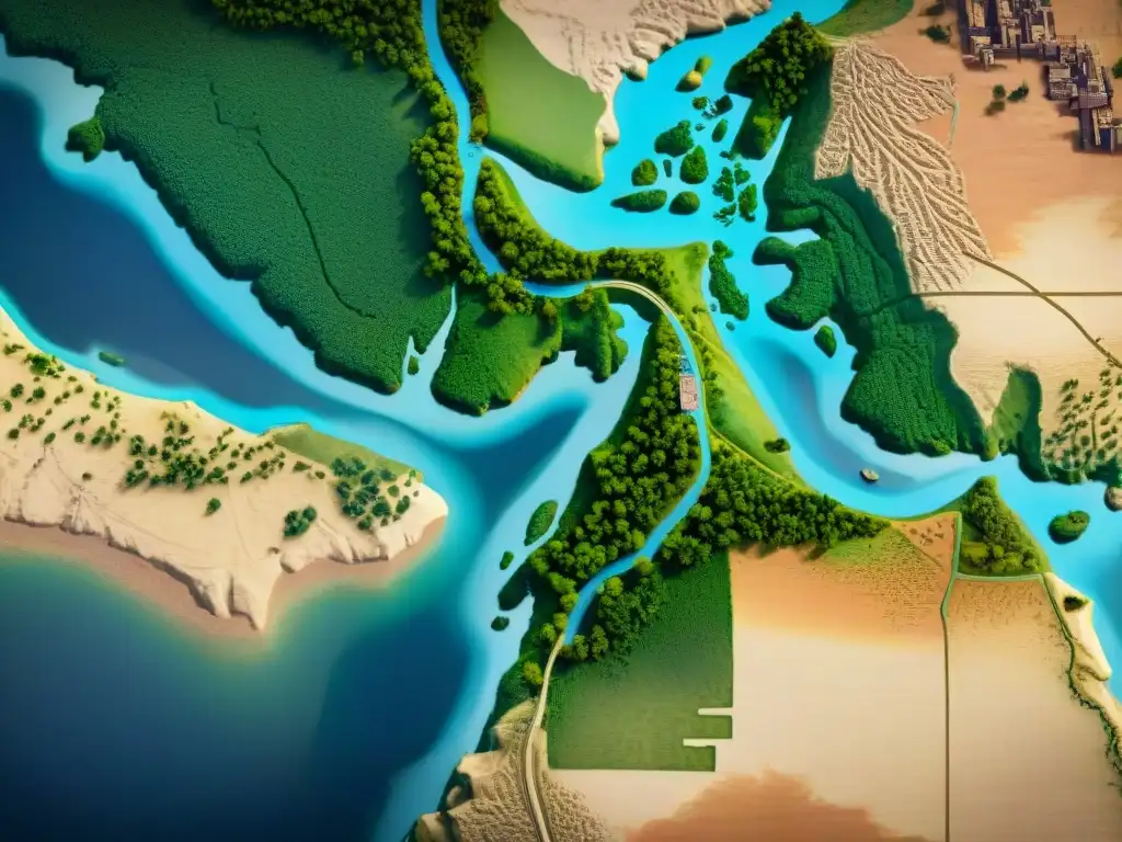 Mapa detallado de las antiguas rutas comerciales a lo largo del río Nilo, con ilustraciones de bienes transportados y mercados bulliciosos