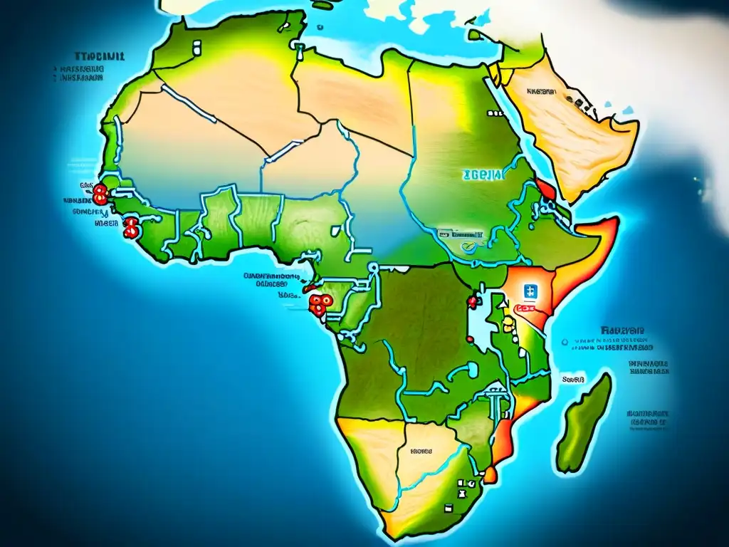 Mapa detallado de antiguas rutas comerciales africanas, con paisajes diversos y señales desgastadas, evocando historia y significado