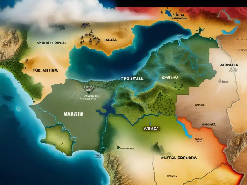 Mapa detallado de África Central con formaciones de batalla antiguas, ilustrando estrategias de guerra