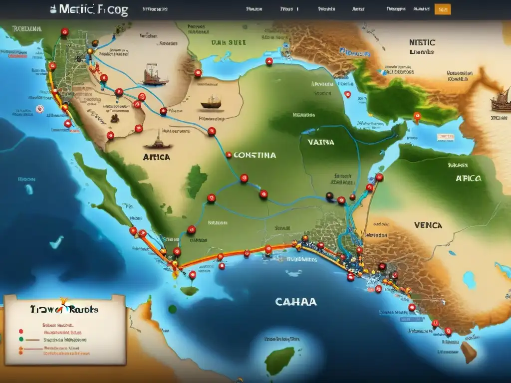 Mapa detallado del comercio medieval entre Europa y África, con ilustraciones de oro, marfil y especias