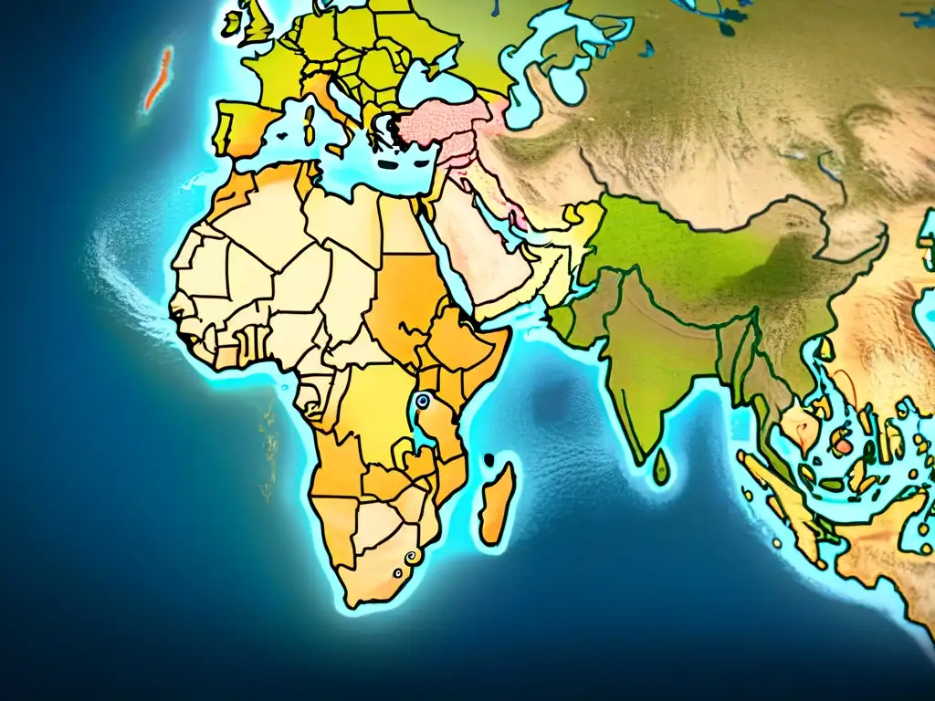 Mapa detallado del comercio medieval entre Europa y África, con ilustraciones de mercaderes, exploradores y bienes intercambiados