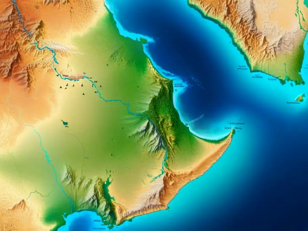 Mapa detallado mostrando la geografía del Cuerno de África con antiguas civilizaciones y rutas comerciales